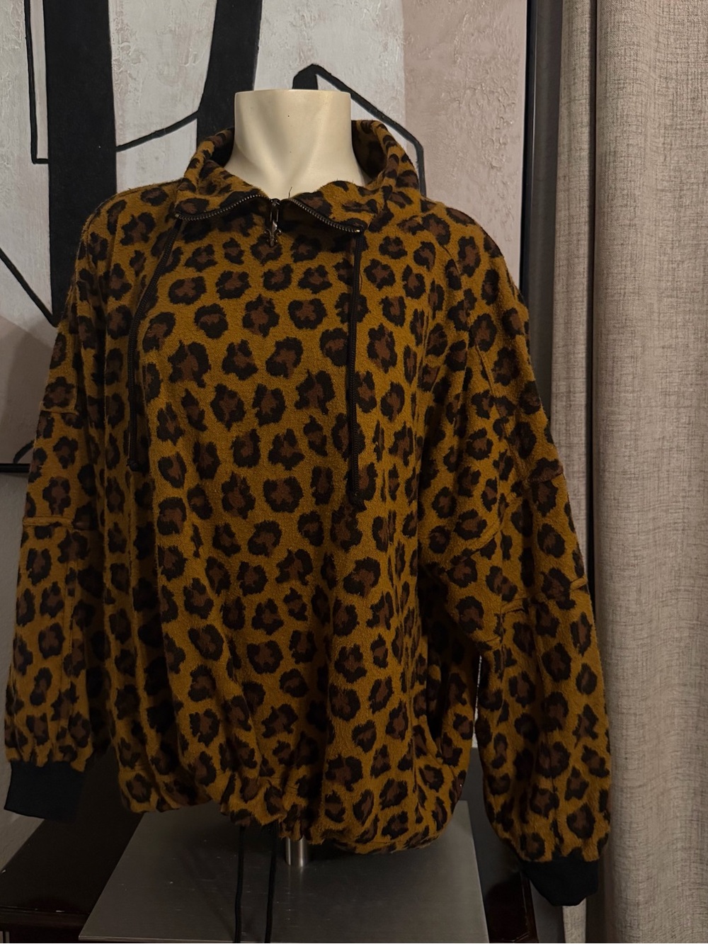 Vintage Leopard Print Hooded Pullover Jacket - Brown/Black